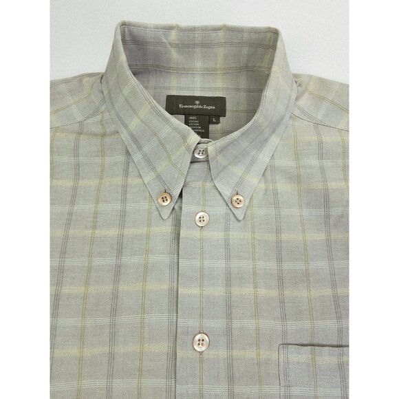 Ermenegildo Zegna Size Large Sage White Yellow Check Button Down Shirt Italy - Picture 1 of 8